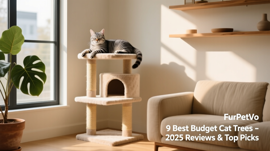 A cozy, compact FurPetVo cat tree in a sunlit corner of a modern apartment, with a cat lounging on its top platform