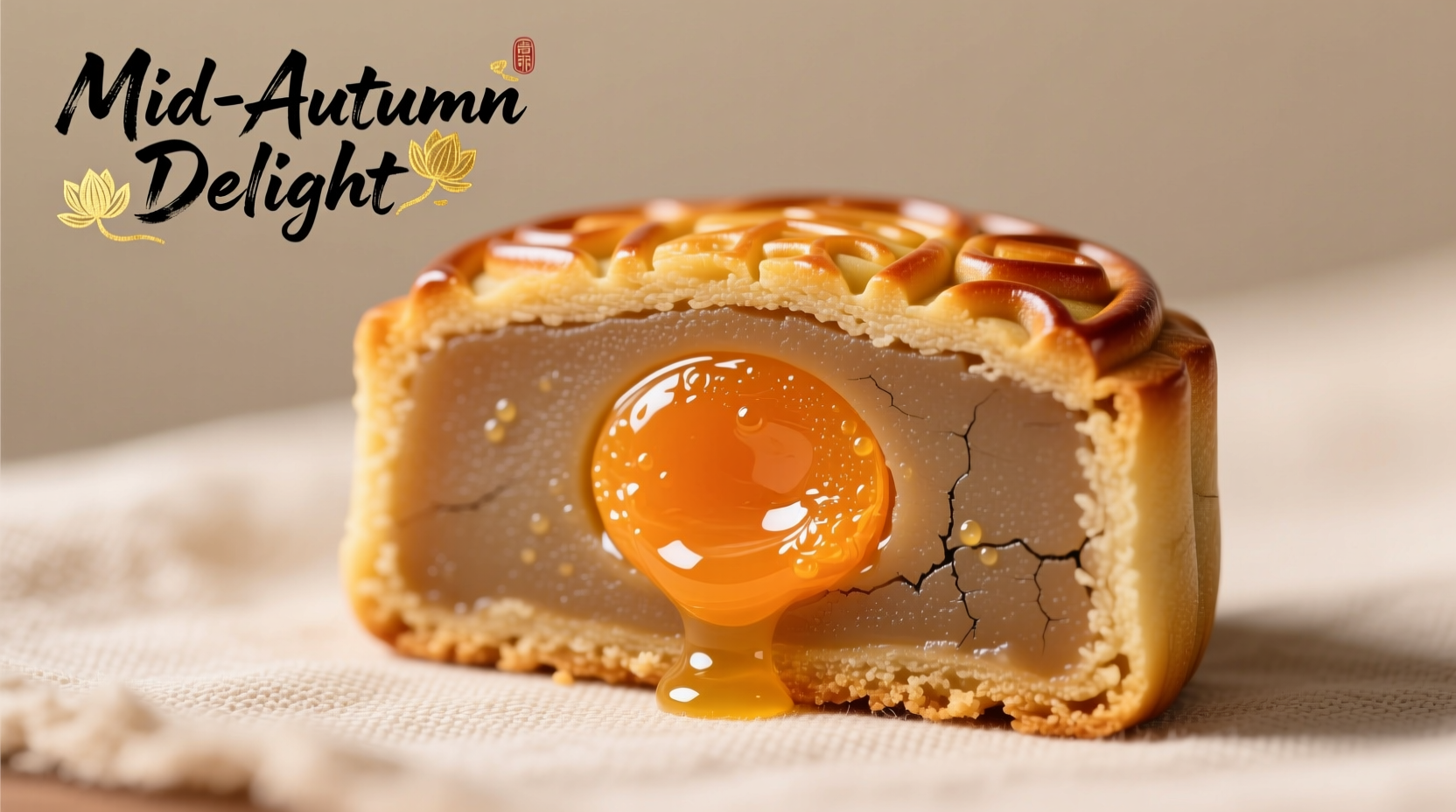 Traditional mooncake cut in half showing lotus paste and egg yolk