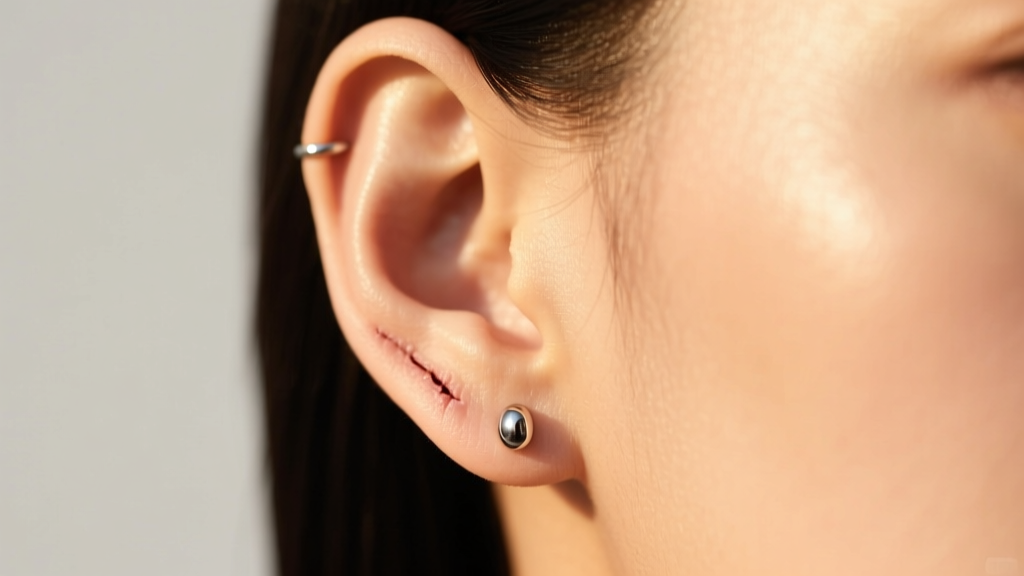 Profile of a healed earlobe wearing a 16-gauge titanium flat-back earring, warm natural sunlight highlighting smooth skin texture.