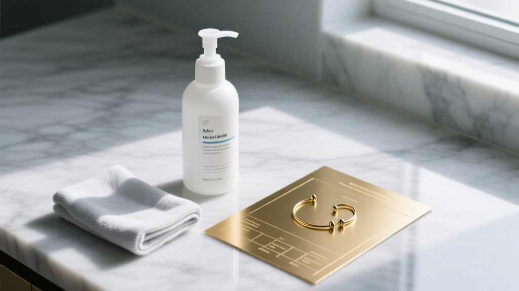 Sterile saline wound wash bottle and microfiber cloth arranged next to a minimalist gold ear stack chart on marble