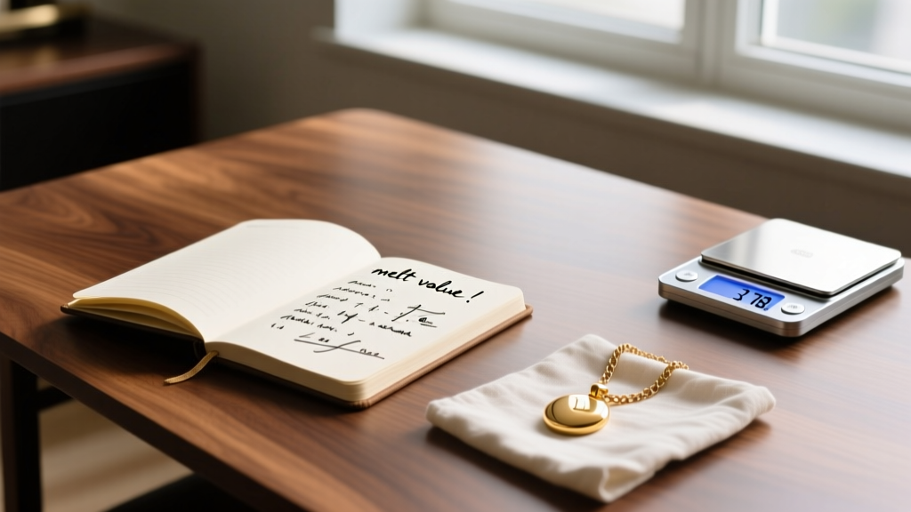 A notebook showing handwritten melt value calculations next to a 14k gold pendant and a digital gram scale on a polished wood desk.