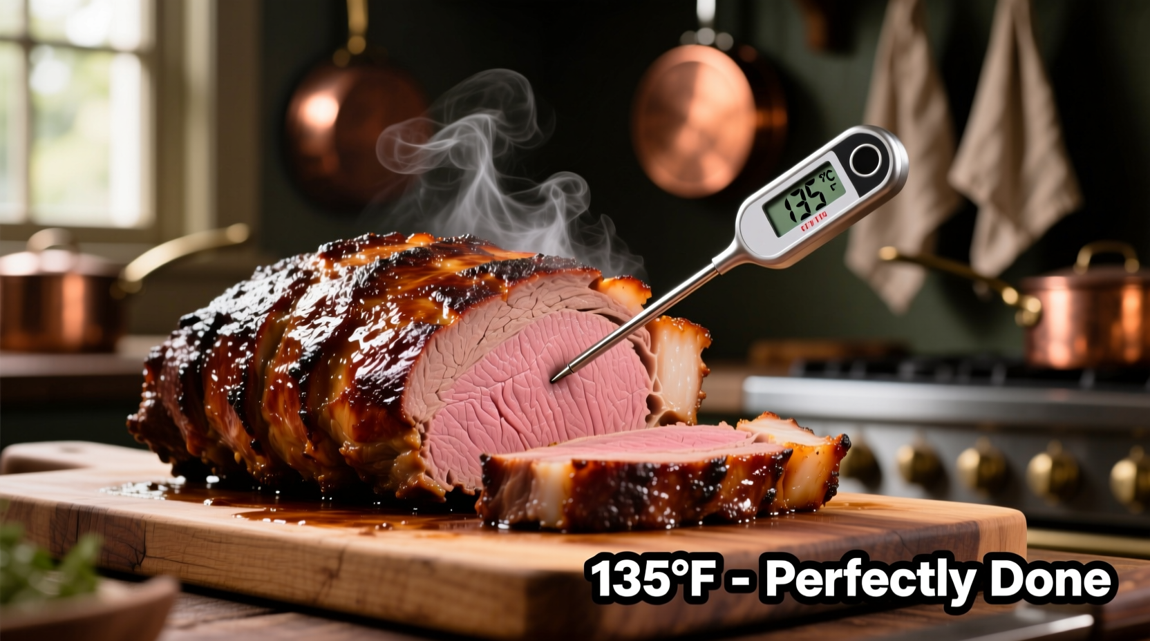 Perfectly cooked rib roast with meat thermometer