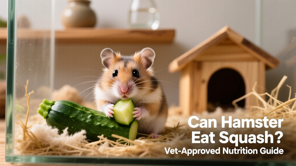A dwarf hamster gently holding a small piece of raw zucchini in its paws inside a clean, naturalistic enclosure