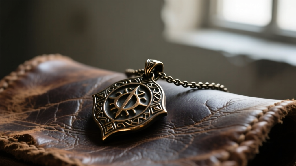 A weathered, dark bronze pendant resembling the Elden Ring Mottled Necklace resting on distressed leather, moody lighting