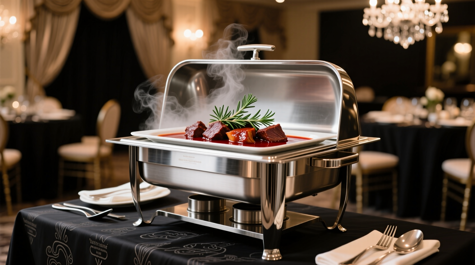 Professional chafing dish setup with water bath