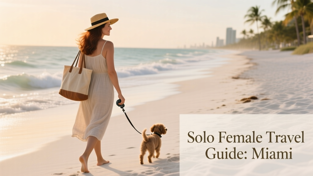 A solo female traveler walking along a white sand Miami beach
