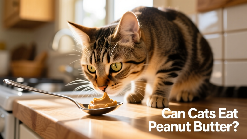 A curious cat sniffing a small dollop of peanut butter on a spoon