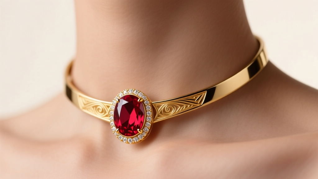 Macro shot of a gold choker ruby necklace with an oval red gemstone on a collarbone, illuminated by soft, warm studio lighting.