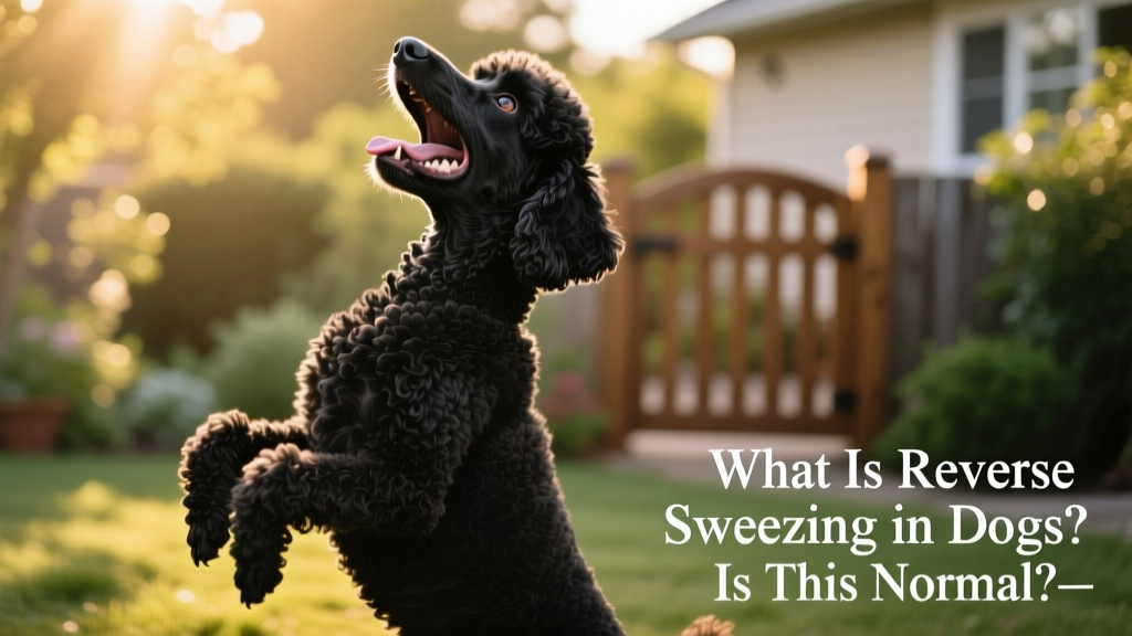 Side profile of a dog standing upright with neck extended during a reverse sneeze episode