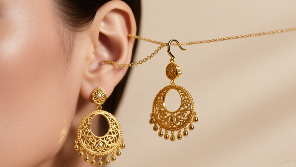 Profile of heavy gold chandbali earrings using a hair chain attached to the hook for ideal earlobe weight distribution.