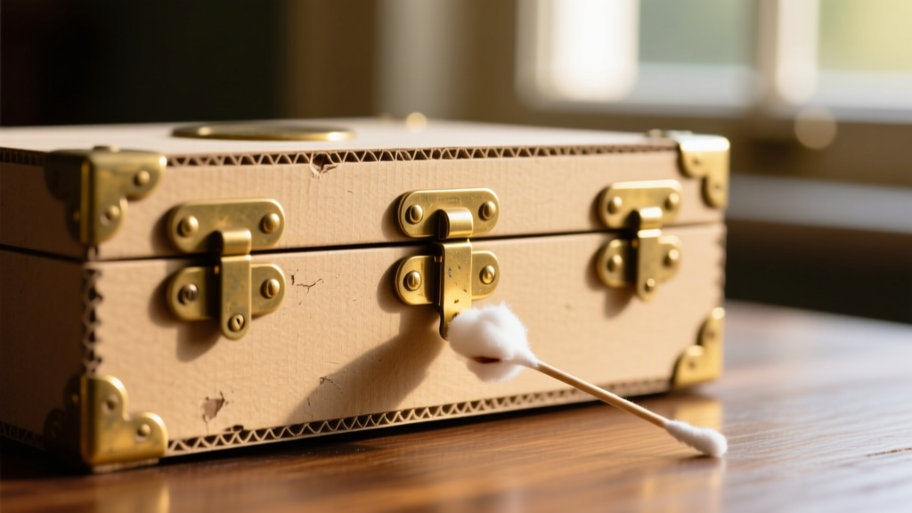Brass hinges on a vintage fiberboard jewelry box being carefully cleaned with a cotton swab and Renaissance conservation wax.