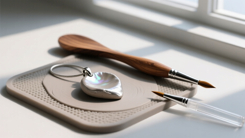 Unfired silver clay pendant resting on a textured silicone mat beside a wooden modeling tool and a fine-tip water brush