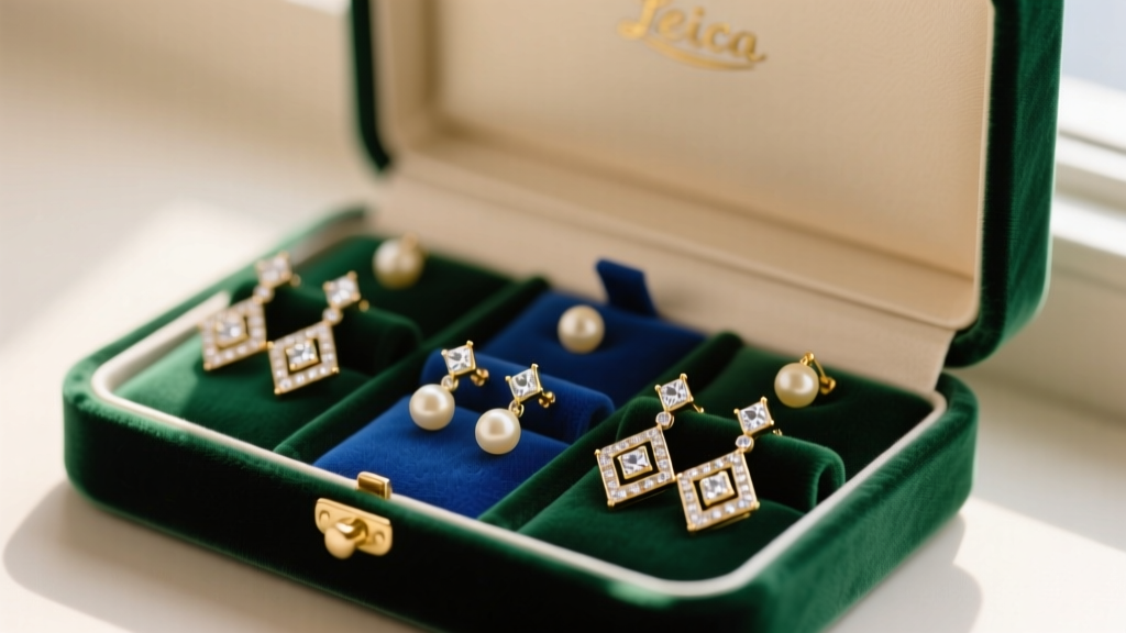 Open velvet jewelry box with popcorn drop earrings neatly separated in individual compartments to prevent crushing and tangling.