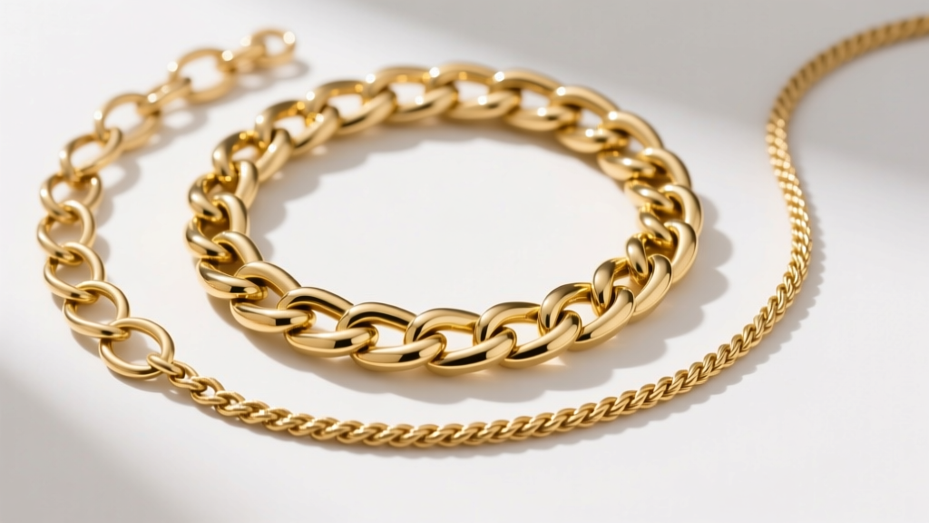 Three gold chains laid flat: a thick 12mm Cuban link, a 5mm Figaro, and a 3mm rope chain, showing different link structures
