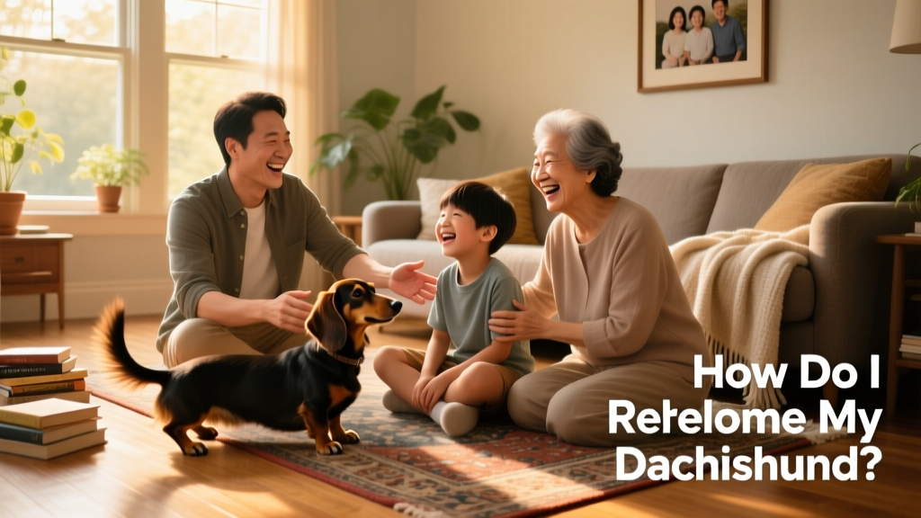 A family smiling together with a Dachshund on their living room floor, illustrating warmth and belonging