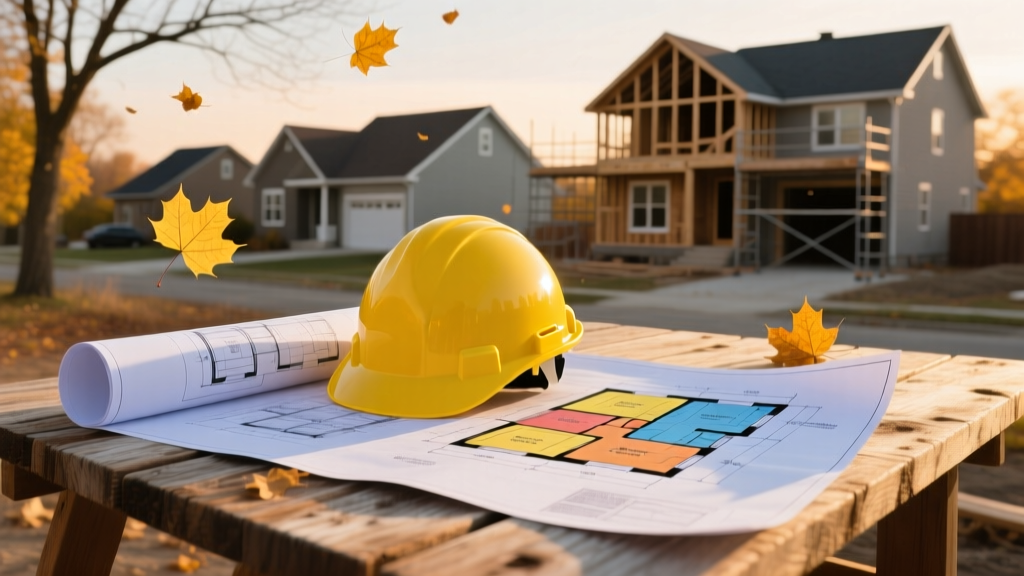 Architectural blueprints and a yellow hard hat resting on a wooden table overlooking a residential construction site in suburban Chicago during autumn