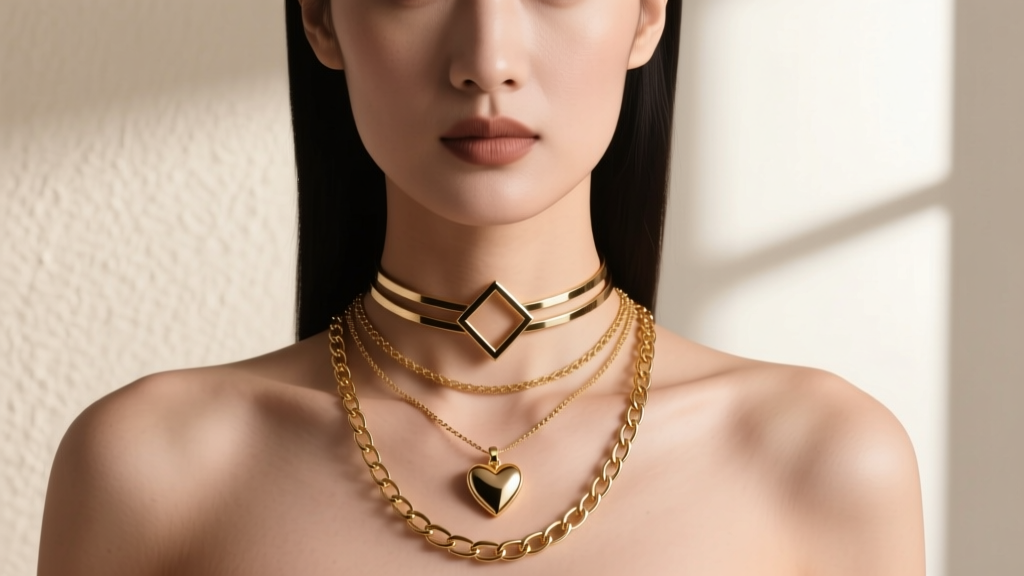 Woman wearing a layered stack featuring a 16-inch choker, an 18-inch elongated heart pendant, and a 20-inch gold paperlink chain
