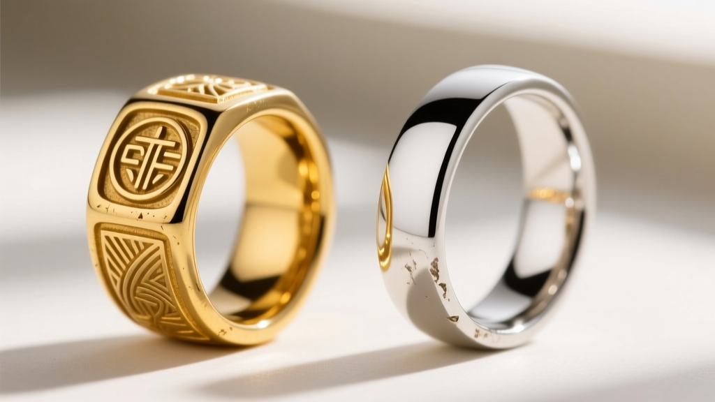 Close-up of 18k yellow gold signet ring next to rhodium-plated 14k white gold ring showing slight wear on shank edges