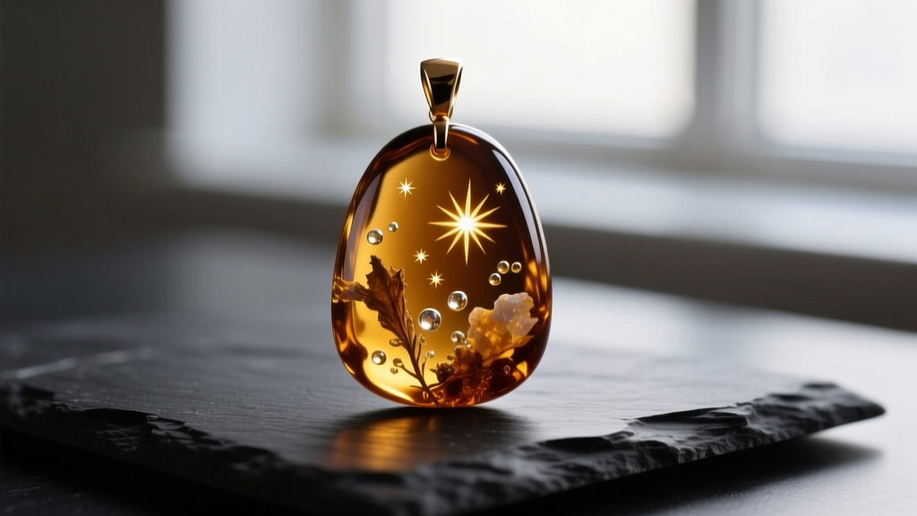 Macro shot of a polished cognac Baltic amber pendant on dark slate, highlighting internal sun spangles and tiny natural inclusions.