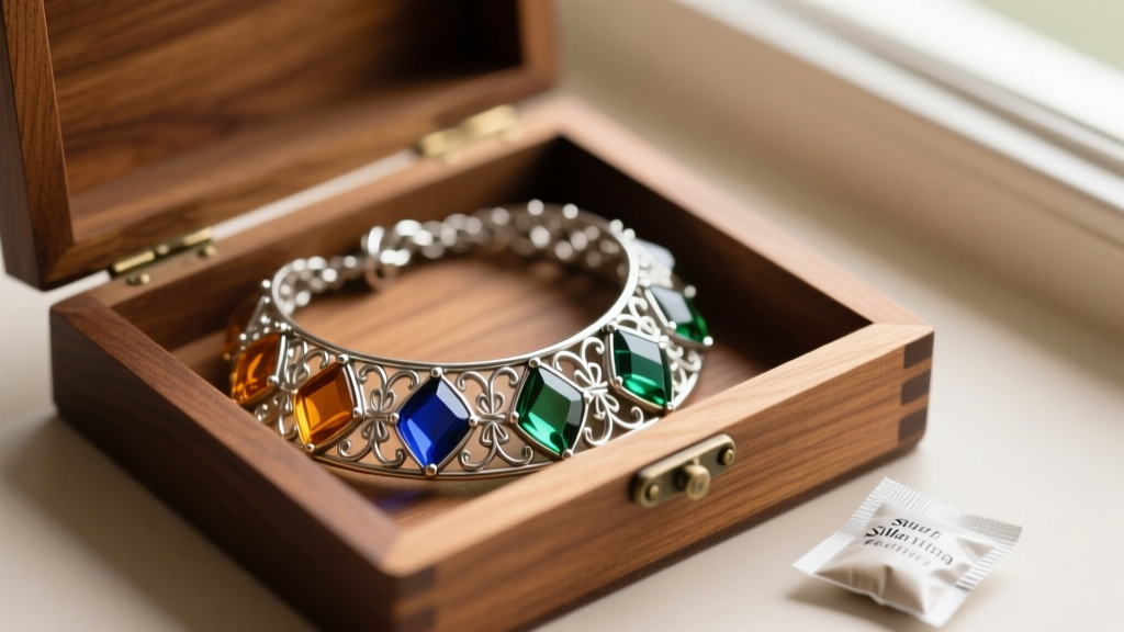 Open-back sterling silver Roman glass necklace in a cedar box next to a silica gel packet to help control ambient moisture levels