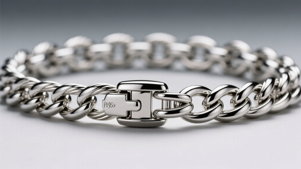 Close-up of a polished Pt950 platinum cable chain catching soft light, highlighting its dense metallic luster and secure clasp.