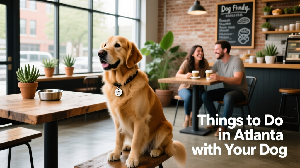 A dog sits at a table of a dog-friendly restaurant in Atlanta