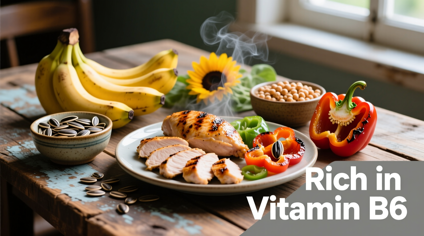 Colorful assortment of vitamin B6 rich foods on wooden table