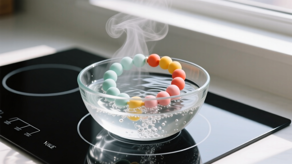 Silicone teething necklace submerged in a clear glass bowl of boiling water on an induction stove, with gentle steam rising