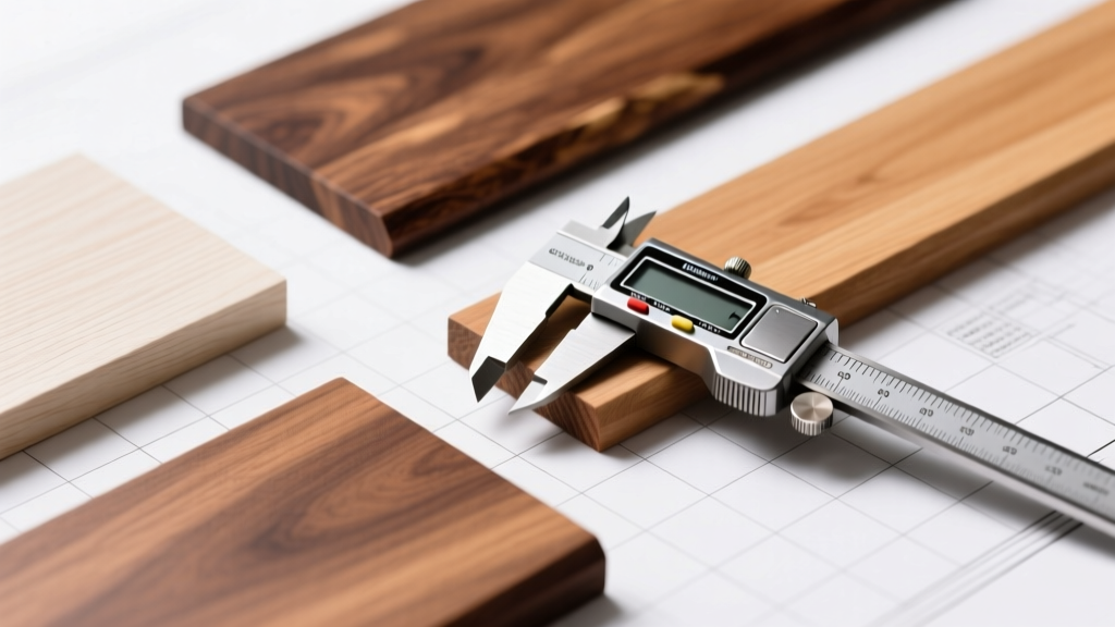 Close-up of various hardwood samples including white oak, walnut, and maple arranged on a blueprint with a digital caliper measuring thickness