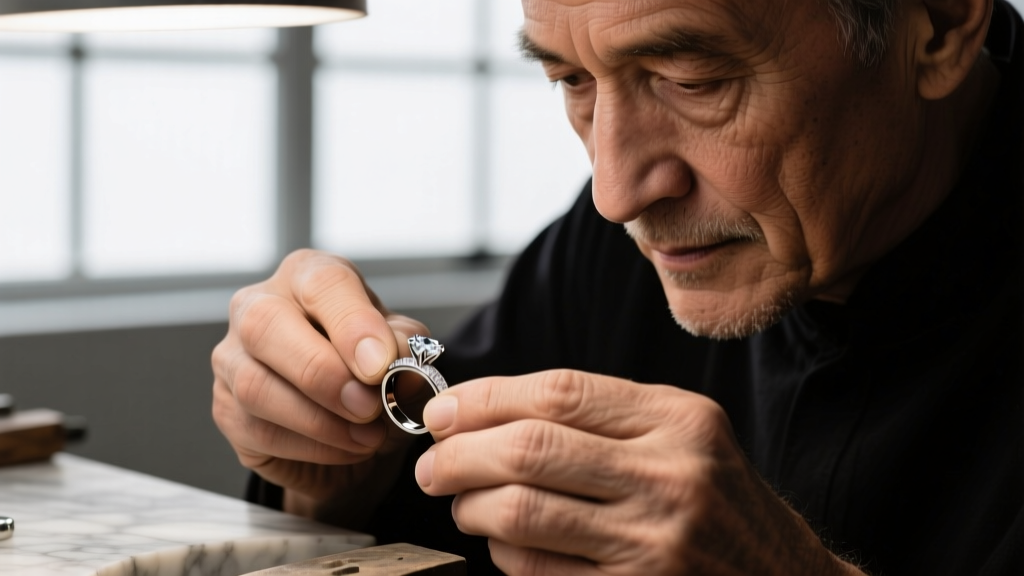 Close-up of a jeweler's loupe examining a faded 925 hallmark stamp on the inner band of a heavily tarnished vintage silver ring