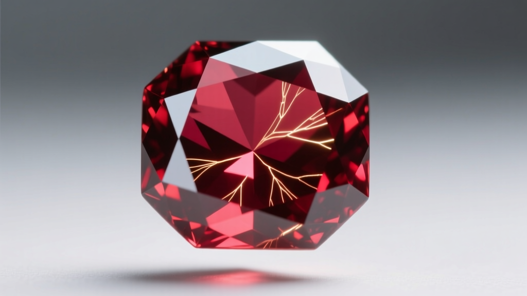 Macro shot of an emerald cut ruby revealing internal rutile silk inclusions and crisp step facets under bright gemological lighting