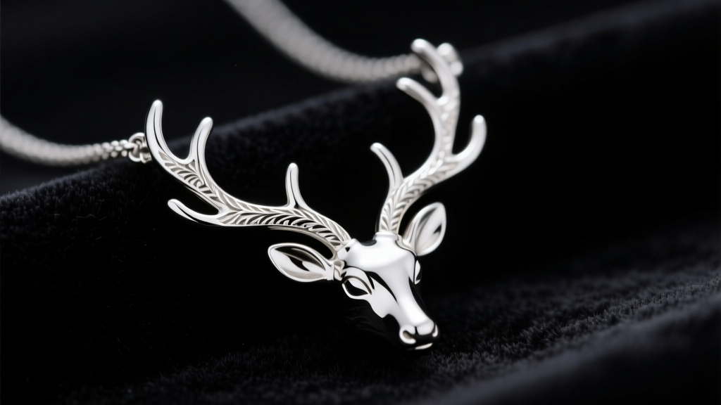 Macro shot of a sterling silver reindeer necklace on dark velvet, showing intricate antler details under soft studio lighting.