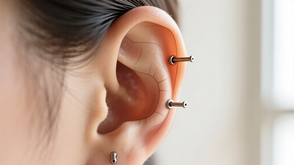 Sketch of an ear showing lobe and helix piercings, with lines indicating 6mm and 8mm post lengths passing cleanly through skin
