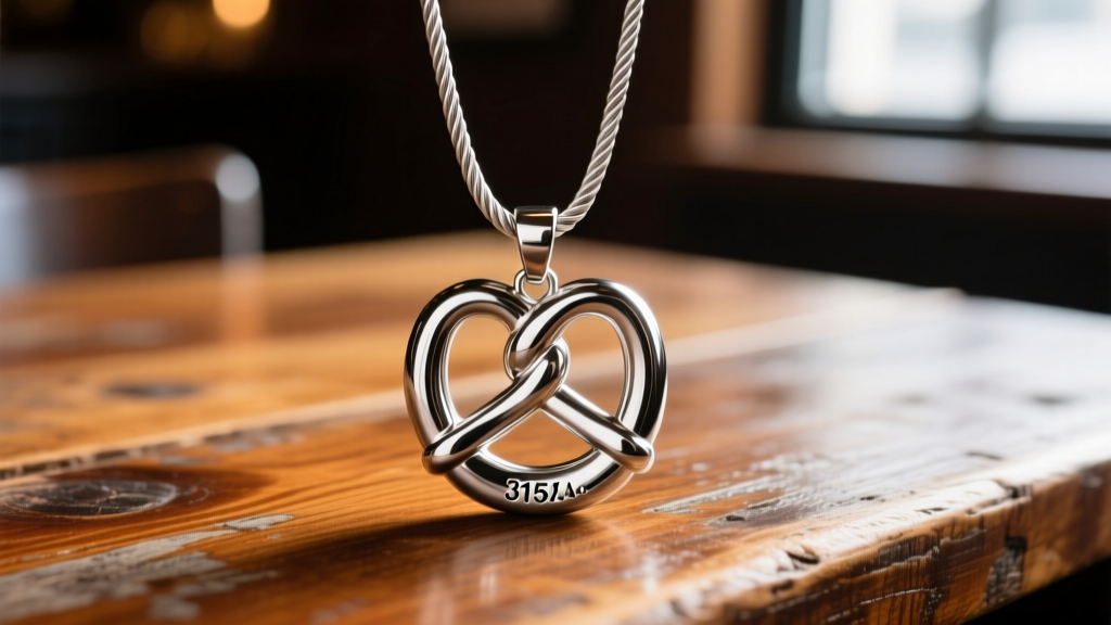 Close-up of a polished 316L stainless steel pretzel pendant on a thick cable chain, resting on a rustic wooden beer hall table