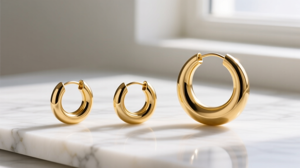 Three gold hoop sizes: a 20mm huggie, 30mm medium, and 45mm chunky hoop, resting on a clean white marble surface.