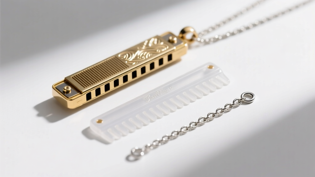 Close-up of a disassembled micro-harmonica pendant showing the brass reed plate, ABS comb, and a 2mm sterling silver rolo chain link.