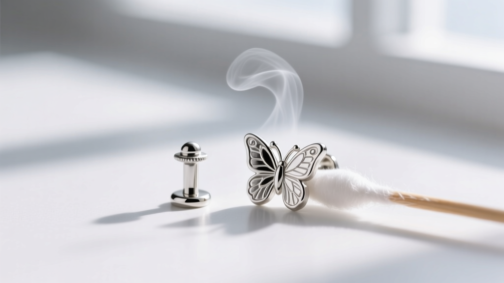 Macro shot of a silver earring post and butterfly back being cleaned with a cotton swab and alcohol on a clean white surface