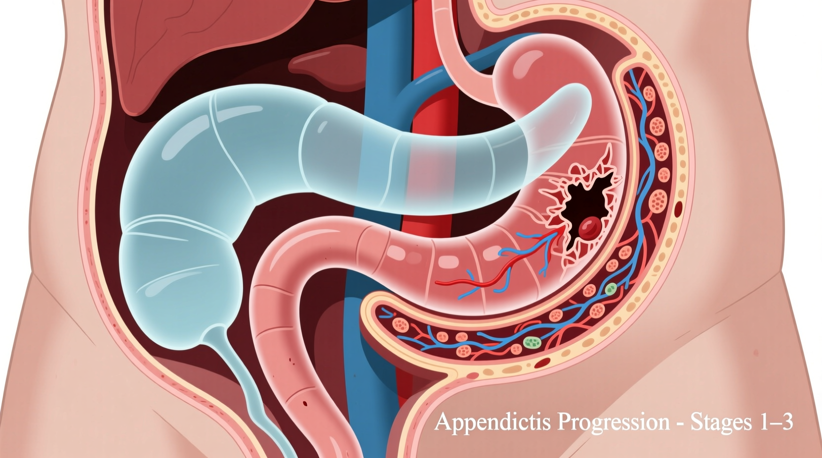 Medical illustration showing appendix anatomy and inflammation process