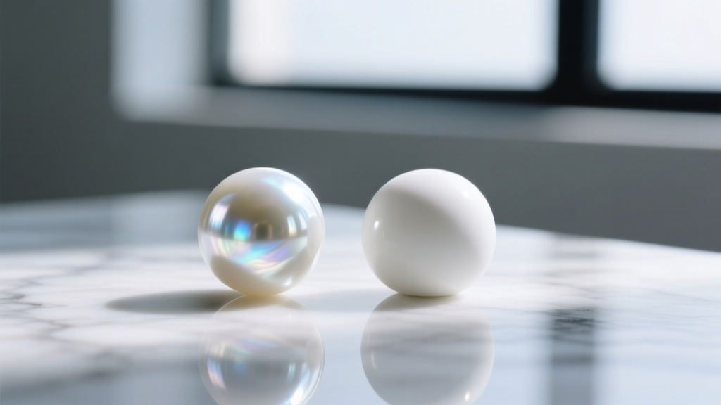 Macro shot comparing a luminous white mother-of-pearl bead beside a matte white ceramic bead, resting on a polished marble surface