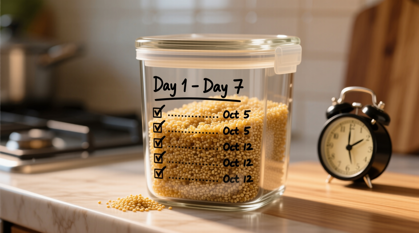 Cooked quinoa in glass storage container with freshness timeline