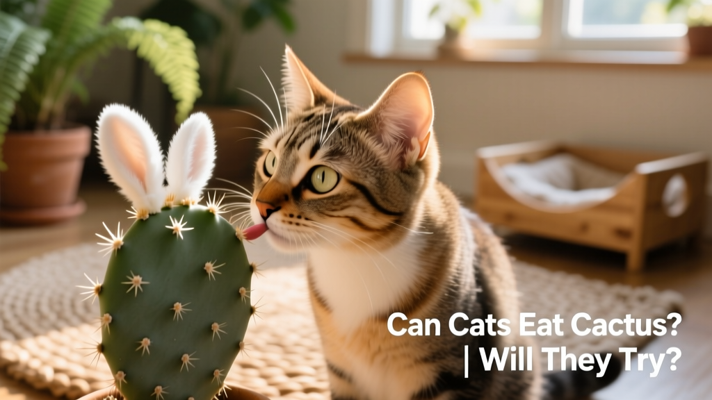 Close-up of a cat cautiously sniffing a Bunny Ears Cactus with visible white glochids