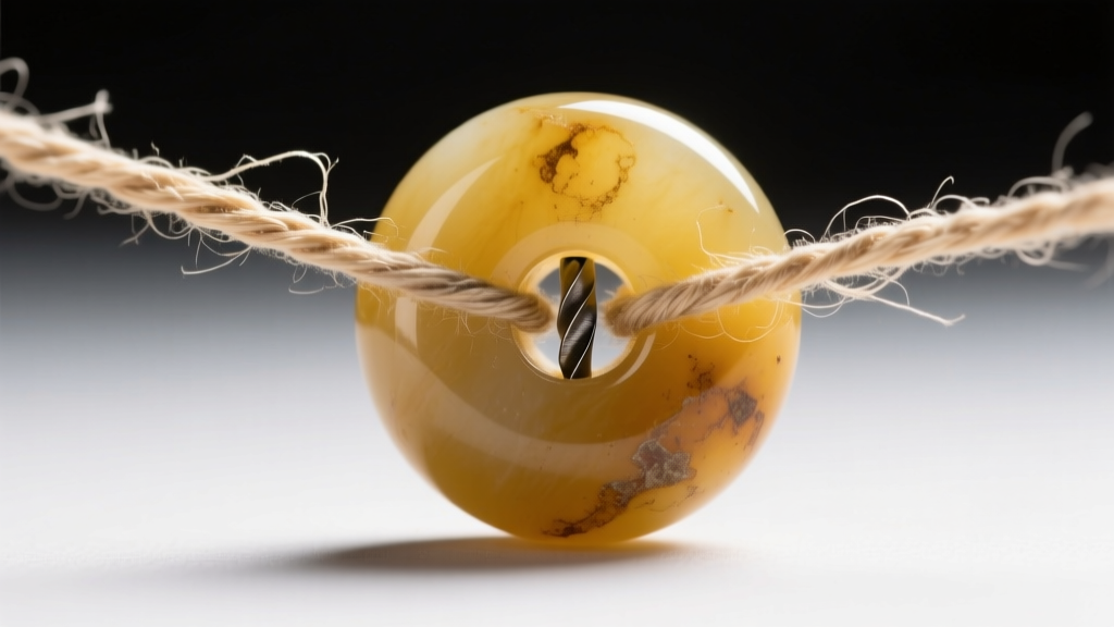 Macro shot of frayed silk thread pulling through the drill hole of a yellow jade bead, showing clear signs of wear and tension.