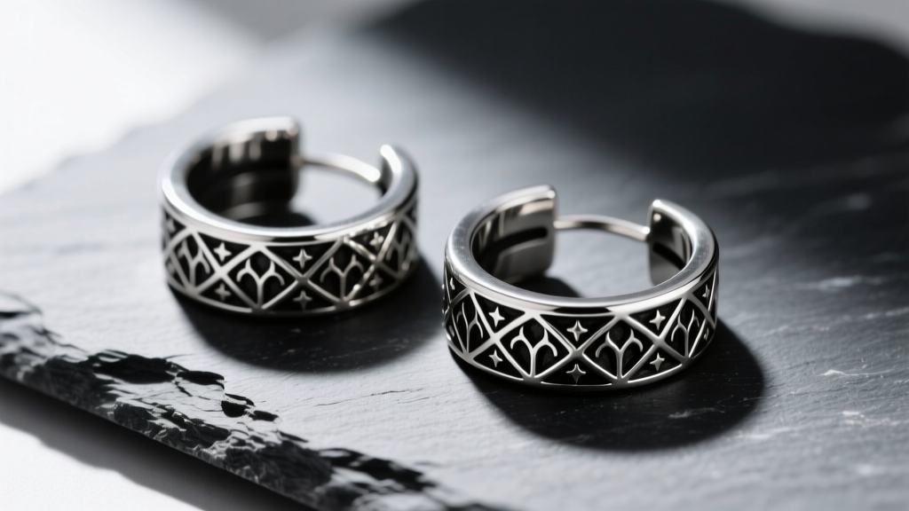 Macro shot of thick sterling silver hoop earrings on slate, showing gothic motifs and deep black oxidation in metal recesses.