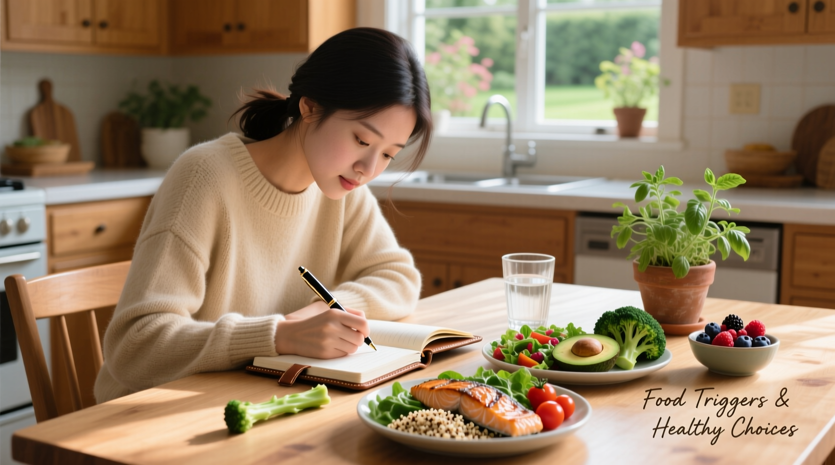 Person journaling about food triggers with healthy meal