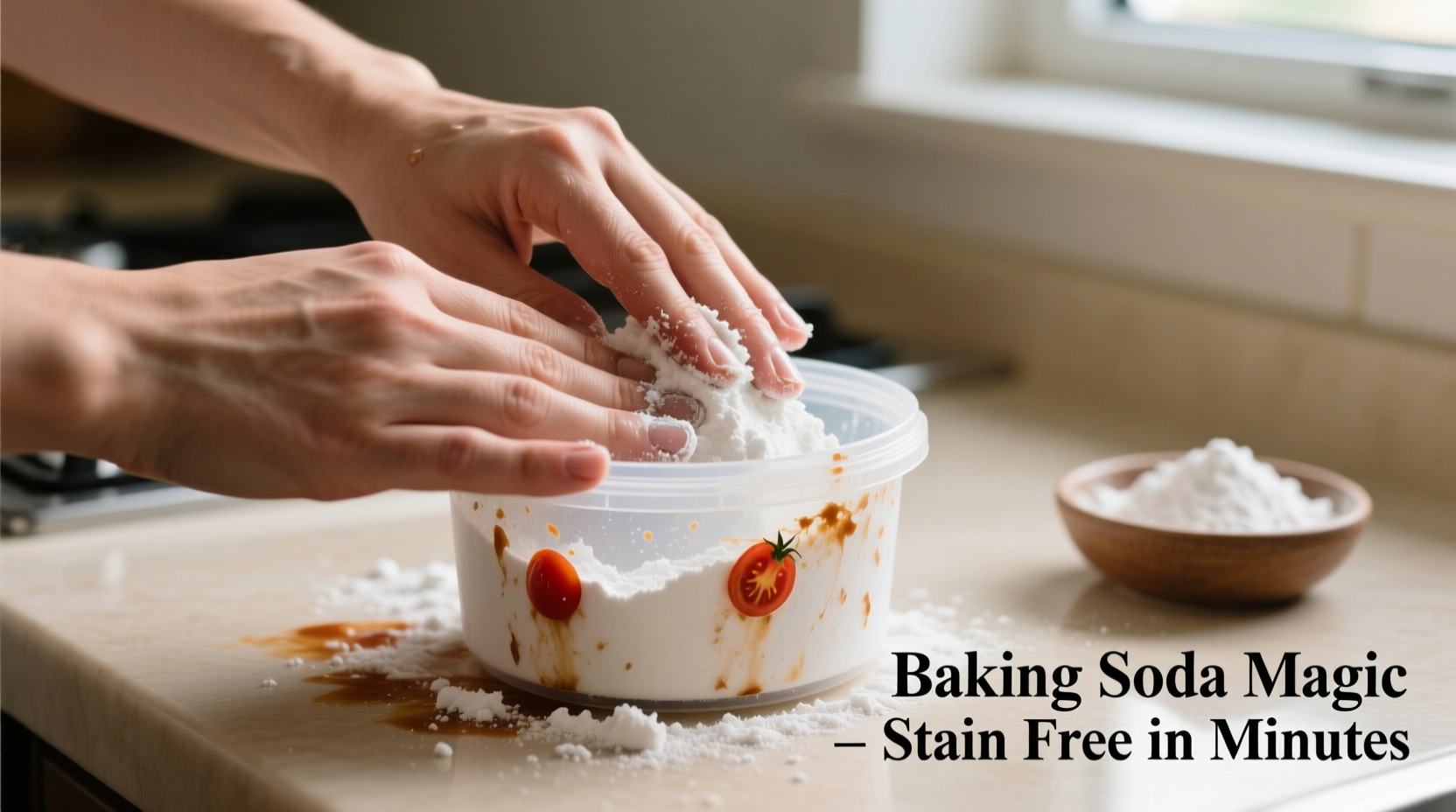 Hands removing tomato stains from plastic container using baking soda