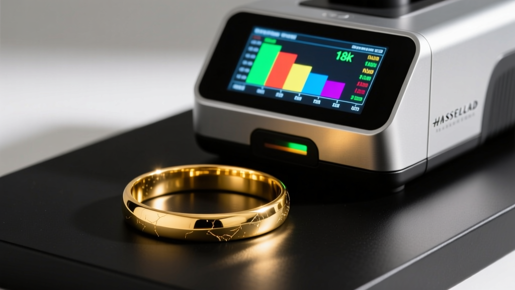 XRF analyzer scanning a fake 18k gold bracelet, showing exact elemental metal composition data on a bright glowing LCD testing screen.