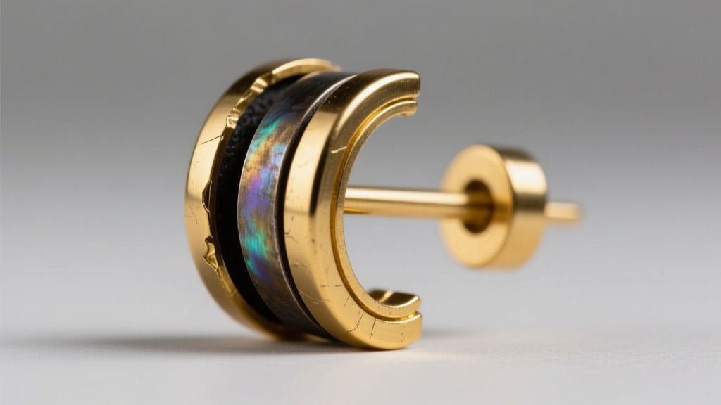 Cross-section view of a gold-plated brass earring post showing the thin outer layer peeling to reveal dark base metal underneath.