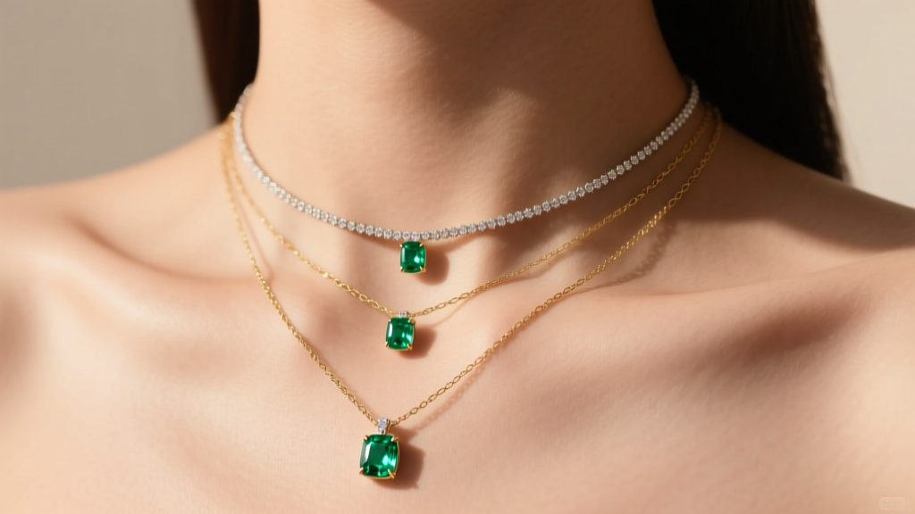 Collarbone layered with three demi fine necklaces of varying lengths featuring small bezel-set lab-grown emerald pendants