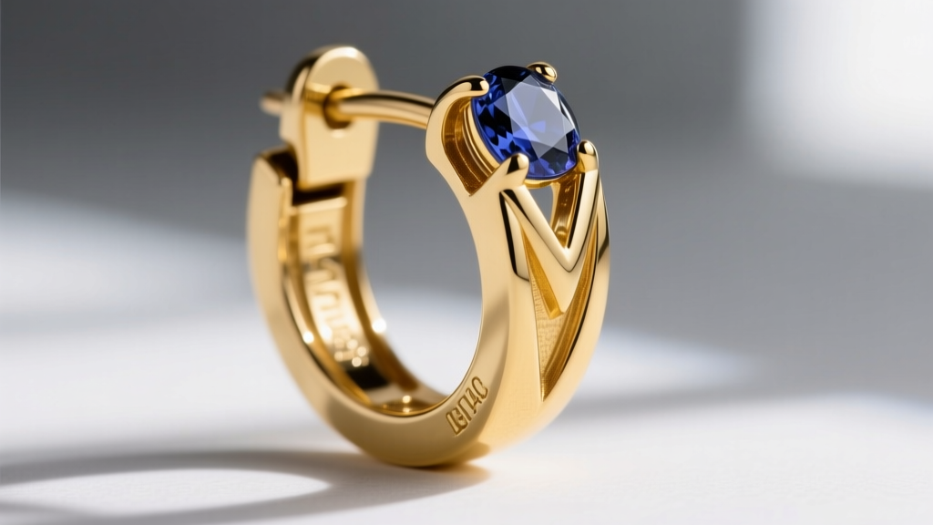 Macro photo of a hinged snap clasp on a 14k yellow gold sapphire hoop earring, highlighting the precise V-groove locking mechanism