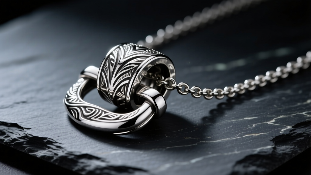 Macro shot of a heavy sterling silver monster tab necklace clasp resting on dark slate under dramatic, moody studio lighting.